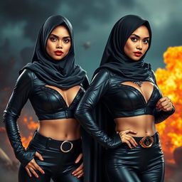 Malaysian women wearing hijabs portrayed as sexy superheroes, with elegant hijabs complementing tight black clothes crafted from soft, luxurious leather