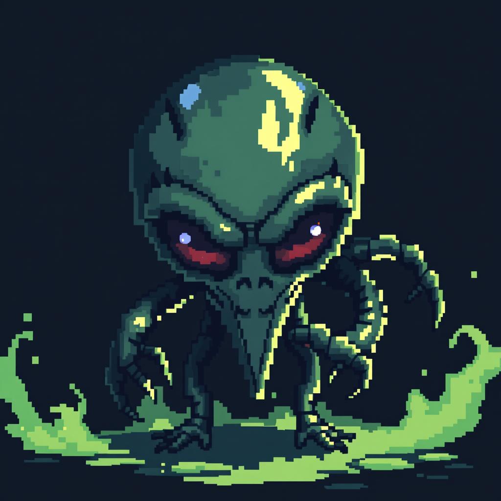 A pixelated dark and slimy alien creature, with eerie and mysterious features