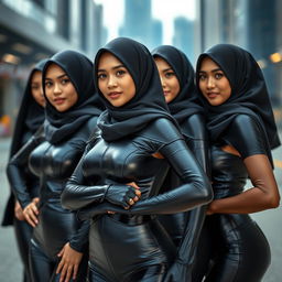 A group of stunning Malaysian women wearing hijabs, displaying remarkable beauty and allure