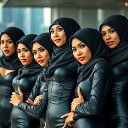 A group of stunning Malaysian women wearing hijabs, displaying remarkable beauty and allure