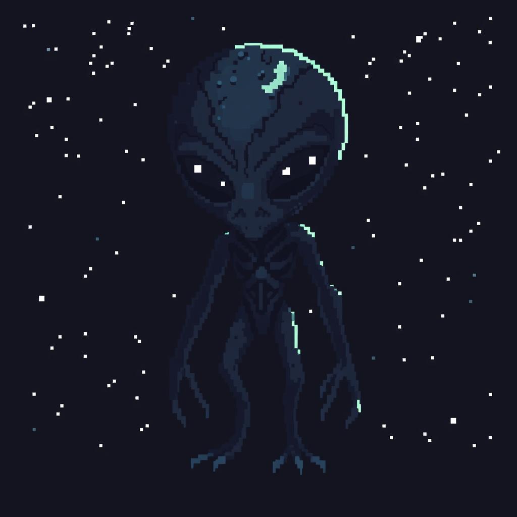 A pixelated representation of a dark and mysterious alien figure, exuding an aura of enigma and otherworldly presence