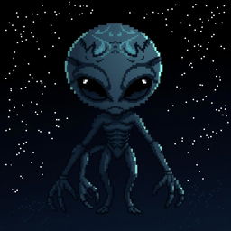 A pixelated representation of a dark and mysterious alien figure, exuding an aura of enigma and otherworldly presence