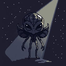 A pixelated representation of a dark and mysterious alien figure, exuding an aura of enigma and otherworldly presence