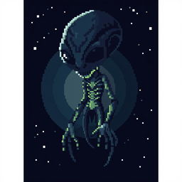 A pixelated representation of a dark and mysterious alien figure, exuding an aura of enigma and otherworldly presence