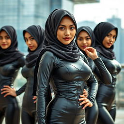 A group of stunning Malaysian women wearing hijabs, displaying remarkable beauty and allure