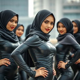 A group of stunning Malaysian women wearing hijabs, displaying remarkable beauty and allure