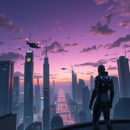 A futuristic city skyline at dusk, featuring towering skyscrapers with neon lights flickering