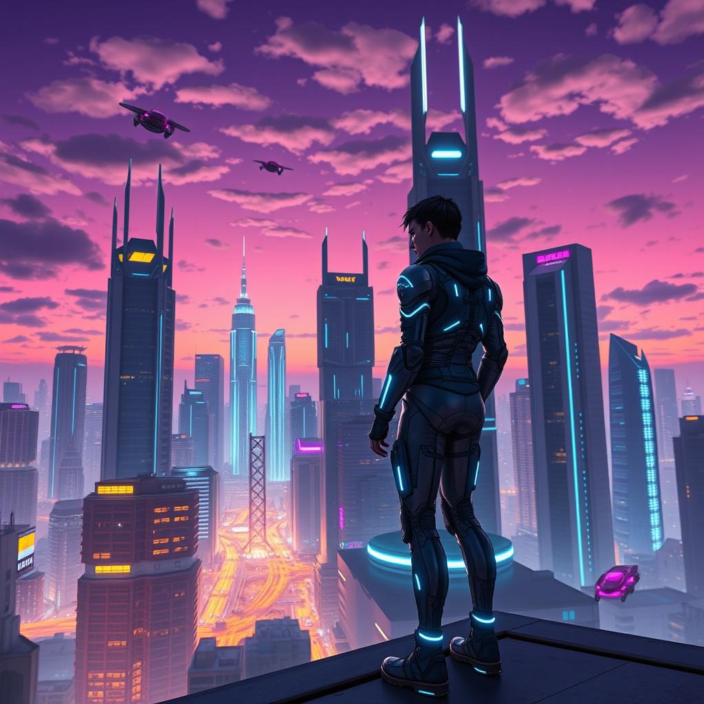 A futuristic city skyline at dusk, featuring towering skyscrapers with neon lights flickering