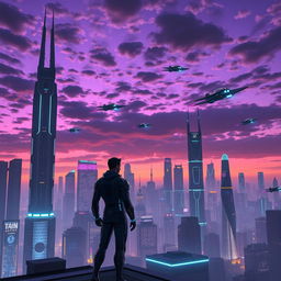 A futuristic city skyline at dusk, featuring towering skyscrapers with neon lights flickering