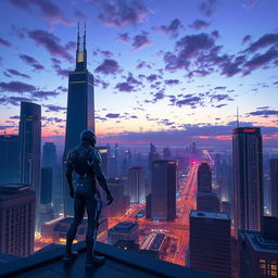 A futuristic city skyline at dusk, featuring towering skyscrapers with neon lights flickering