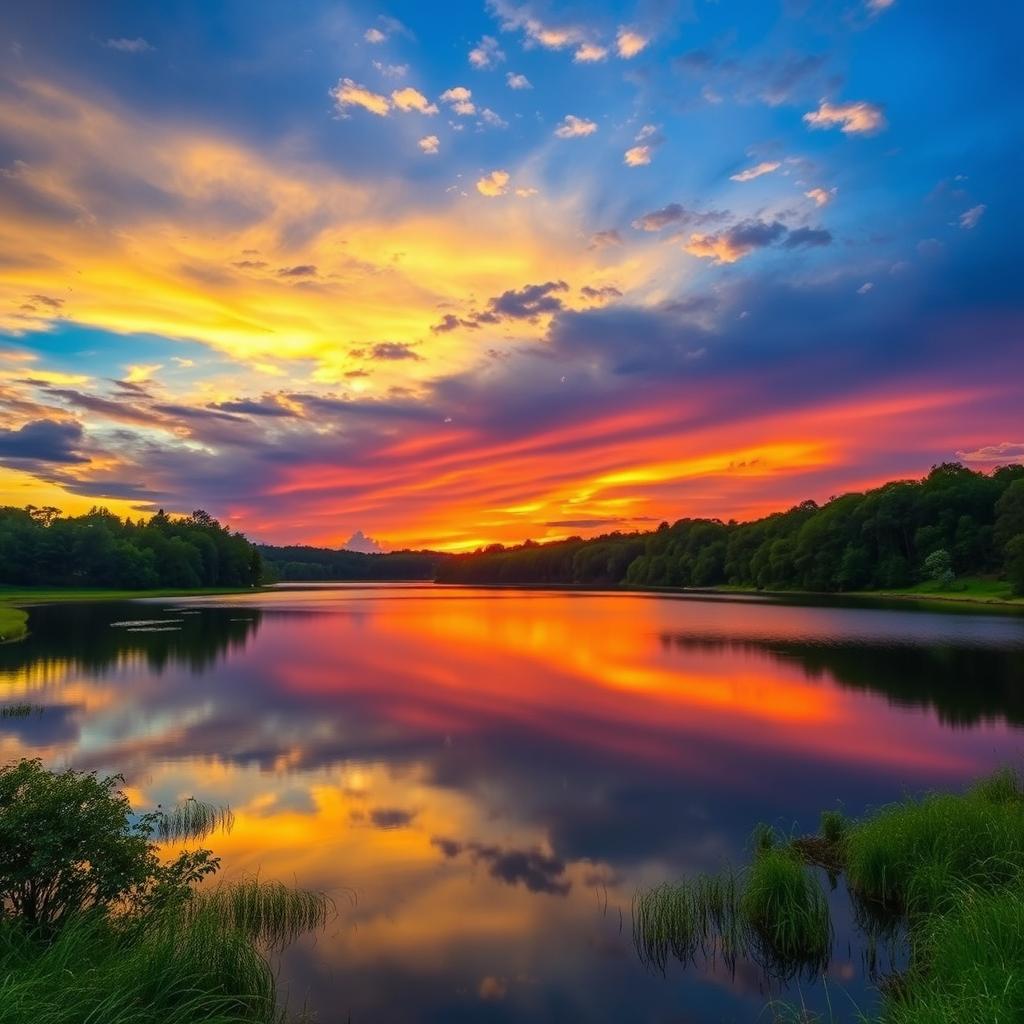 A magnificent sunrise over a serene lake with lush greenery, perfect reflections on the water, and a vibrant array of colors in the sky