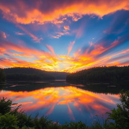 A magnificent sunrise over a serene lake with lush greenery, perfect reflections on the water, and a vibrant array of colors in the sky