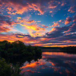 A magnificent sunrise over a serene lake with lush greenery, perfect reflections on the water, and a vibrant array of colors in the sky