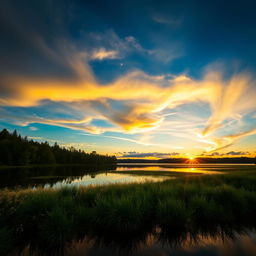 A magnificent sunrise over a serene lake with lush greenery, perfect reflections on the water, and a vibrant array of colors in the sky