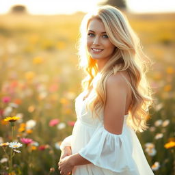 Beautiful blonde woman standing in a sunlit field of wildflowers, wearing a flowing white dress that moves gently with the breeze