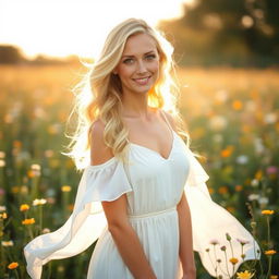 Beautiful blonde woman standing in a sunlit field of wildflowers, wearing a flowing white dress that moves gently with the breeze