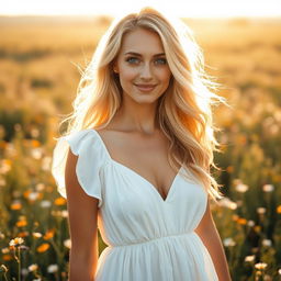 Beautiful blonde woman standing in a sunlit field of wildflowers, wearing a flowing white dress that moves gently with the breeze