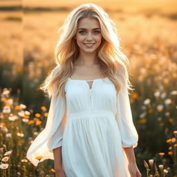 Beautiful blonde woman standing in a sunlit field of wildflowers, wearing a flowing white dress that moves gently with the breeze