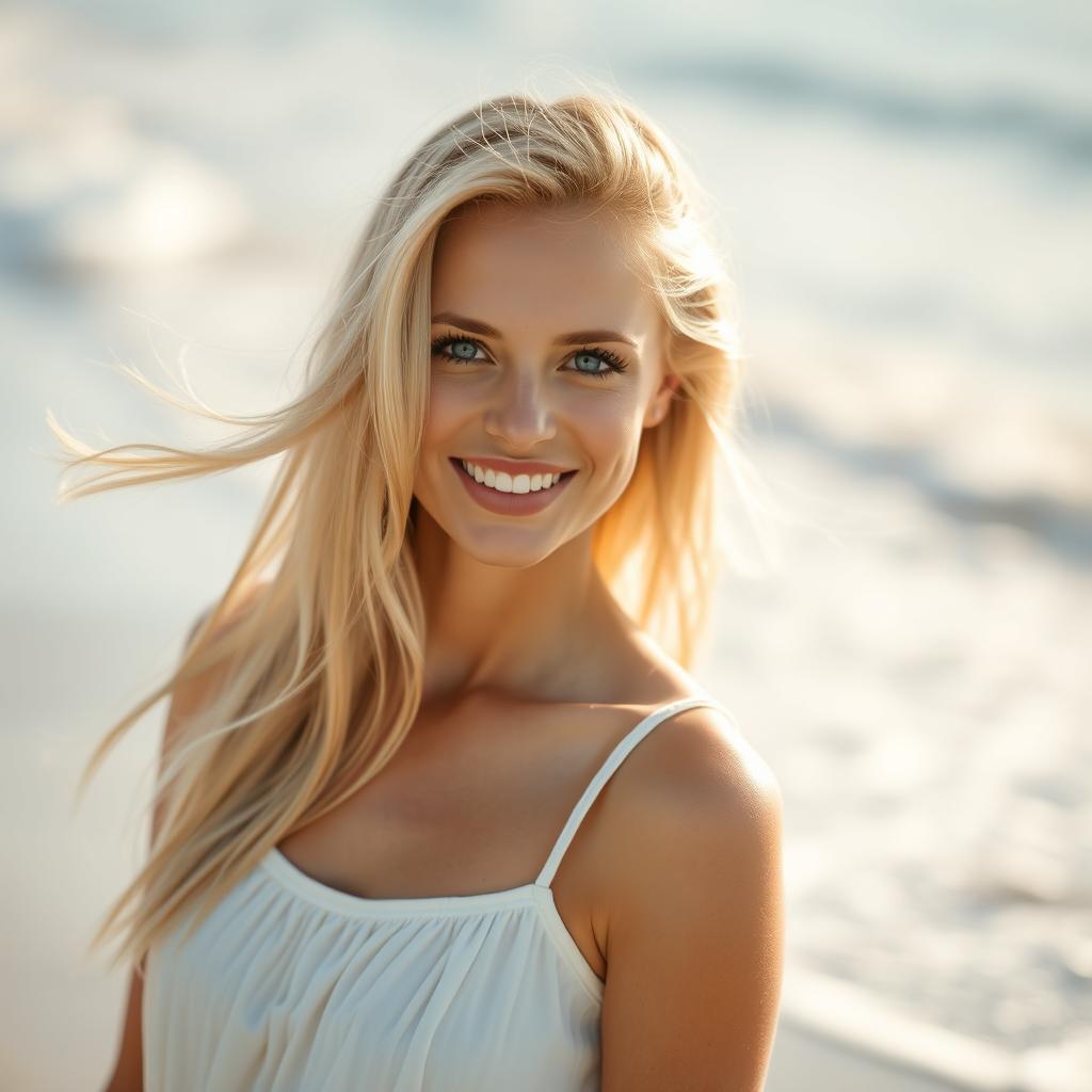 A striking portrait of a beautiful blonde woman with flowing locks, showcasing her radiant smile and sparkling blue eyes