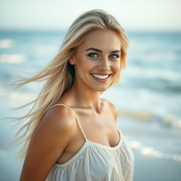 A striking portrait of a beautiful blonde woman with flowing locks, showcasing her radiant smile and sparkling blue eyes