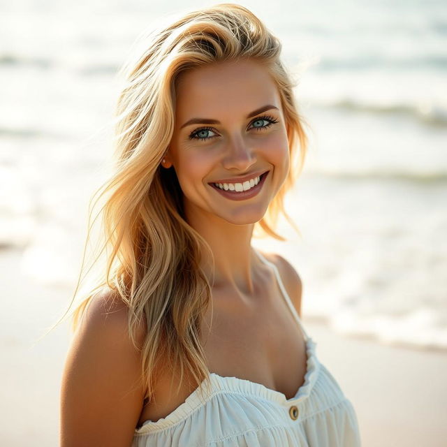 A striking portrait of a beautiful blonde woman with flowing locks, showcasing her radiant smile and sparkling blue eyes