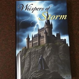 A captivating and mysterious book cover featuring a grand, ancient castle perched on a rocky cliff under a stormy night sky