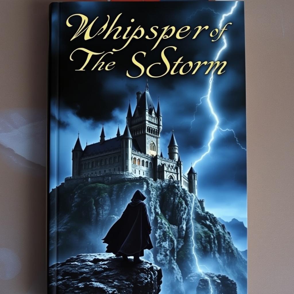 A captivating and mysterious book cover featuring a grand, ancient castle perched on a rocky cliff under a stormy night sky