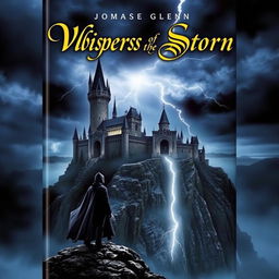 A captivating and mysterious book cover featuring a grand, ancient castle perched on a rocky cliff under a stormy night sky