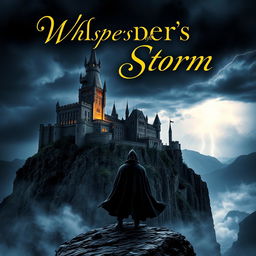 A captivating and mysterious book cover featuring a grand, ancient castle perched on a rocky cliff under a stormy night sky