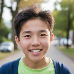 A portrait of a young Asian teenager with expressive features, radiating youthful energy.