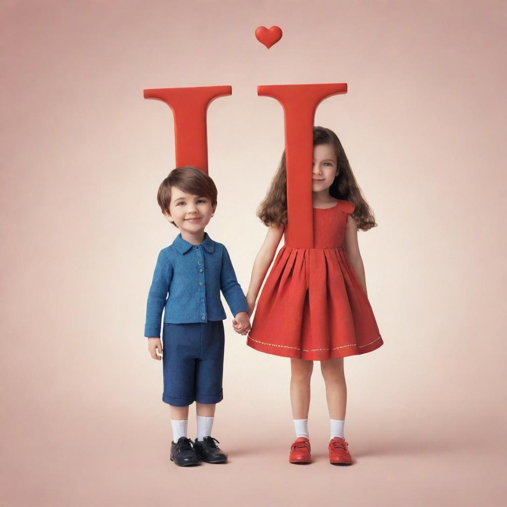 A boy and a girl in love. The boy's outfit is stylized to resemble the letter 'I' and the girl's outfit shapes the letter 'R'