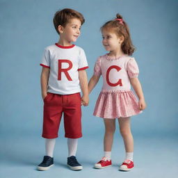 A boy and a girl in love. The boy's outfit is stylized to resemble the letter 'I' and the girl's outfit shapes the letter 'R'