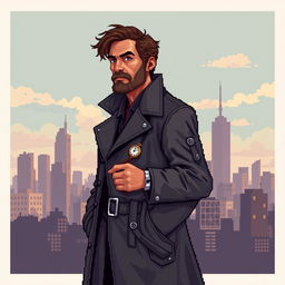 A detailed pixel art of a solitary man standing against an abstract background