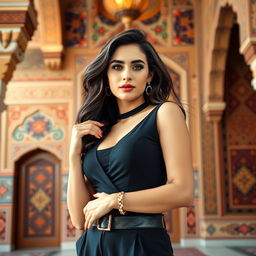 beautiful Iraqi woman posing confidently, wearing a stylish and modern outfit, with a captivating and alluring expression