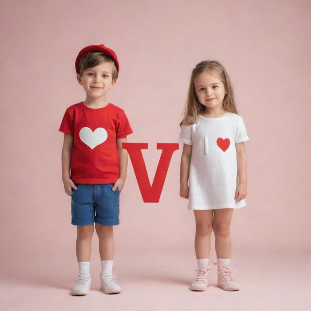 A boy and a girl in love. The boy's outfit is stylized to resemble the letter 'I' and the girl's outfit shapes the letter 'R'