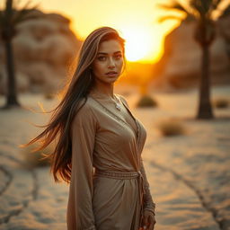 beautiful young adult woman from Iraq, standing confidently, looking alluring, with long flowing hair, olive skin, and wearing an elegant traditional dress that accentuates her figure, set against the backdrop of a desert oasis during sunset, capturing her sensual aura with warm, golden lighting highlighting her features