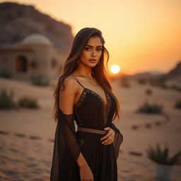 beautiful young adult woman from Iraq, standing confidently, looking alluring, with long flowing hair, olive skin, and wearing an elegant traditional dress that accentuates her figure, set against the backdrop of a desert oasis during sunset, capturing her sensual aura with warm, golden lighting highlighting her features