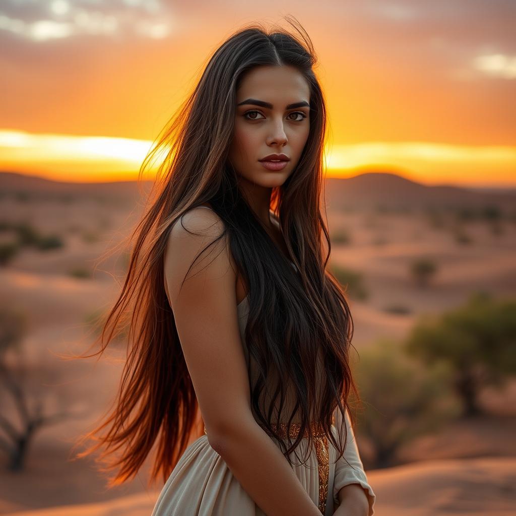 beautiful young adult woman from Iraq, standing confidently, looking alluring, with long flowing hair, olive skin, and wearing an elegant traditional dress that accentuates her figure, set against the backdrop of a desert oasis during sunset, capturing her sensual aura with warm, golden lighting highlighting her features