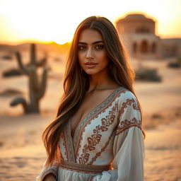 beautiful young adult woman from Iraq, standing confidently, looking alluring, with long flowing hair, olive skin, and wearing an elegant traditional dress that accentuates her figure, set against the backdrop of a desert oasis during sunset, capturing her sensual aura with warm, golden lighting highlighting her features