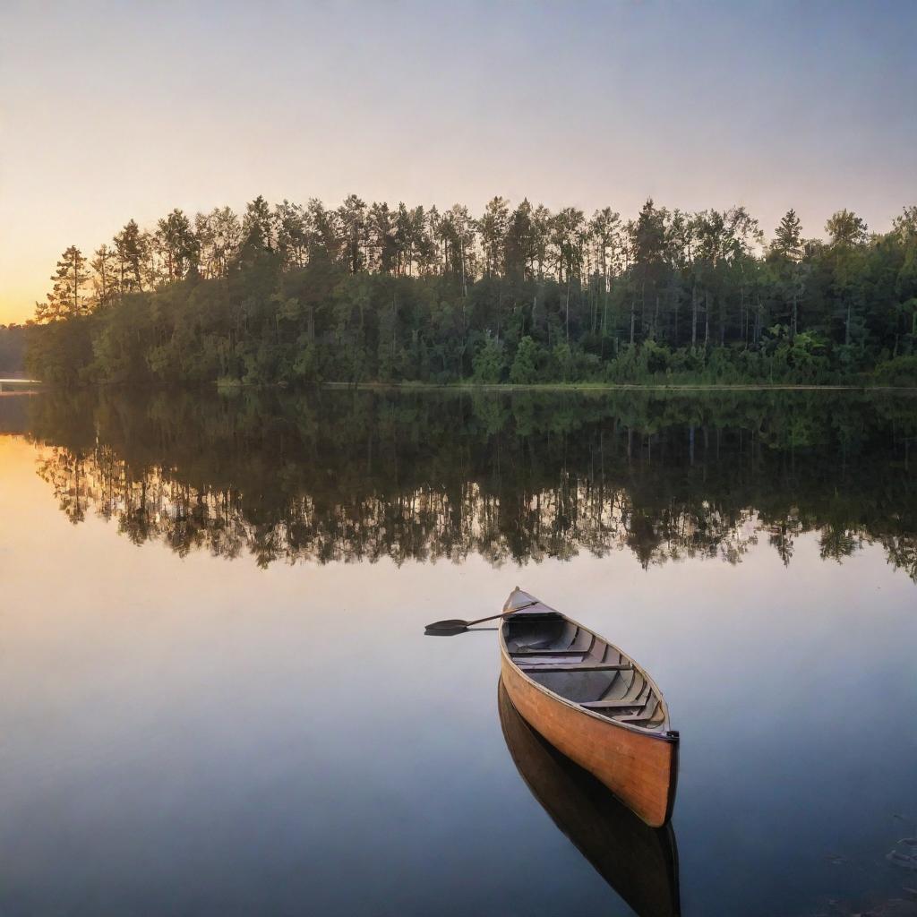 A serene lakeside during sunset. Reflections on the water are vividly shimmering, with a canoe comfortably resting on the shore