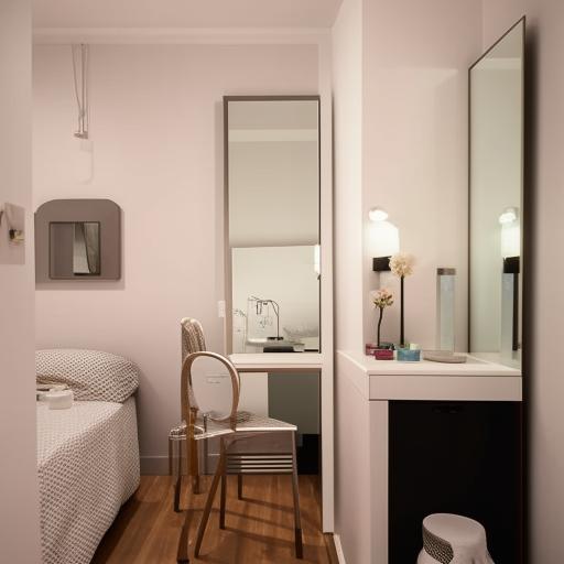 A small room, meticulously arranged with a single bed, a table, a chair and a long aesthetic mirror, all organized in a way that maximizes beauty and functionality.