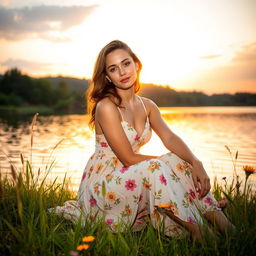 Ana de Armas sitting gracefully by a picturesque lakeside, wearing a flowing floral summer dress, with a serene expression and the golden sunset reflecting in her eyes, surrounded by tall grass and wildflowers, capturing the essence of tranquility and natural beauty