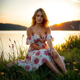 Ana de Armas sitting gracefully by a picturesque lakeside, wearing a flowing floral summer dress, with a serene expression and the golden sunset reflecting in her eyes, surrounded by tall grass and wildflowers, capturing the essence of tranquility and natural beauty