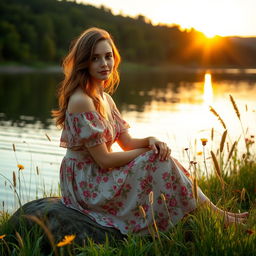 Ana de Armas sitting gracefully by a picturesque lakeside, wearing a flowing floral summer dress, with a serene expression and the golden sunset reflecting in her eyes, surrounded by tall grass and wildflowers, capturing the essence of tranquility and natural beauty