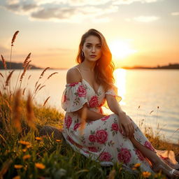 Ana de Armas sitting gracefully by a picturesque lakeside, wearing a flowing floral summer dress, with a serene expression and the golden sunset reflecting in her eyes, surrounded by tall grass and wildflowers, capturing the essence of tranquility and natural beauty