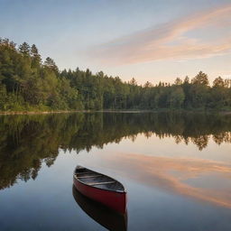 A serene lakeside during sunset. Reflections on the water are vividly shimmering, with a canoe comfortably resting on the shore