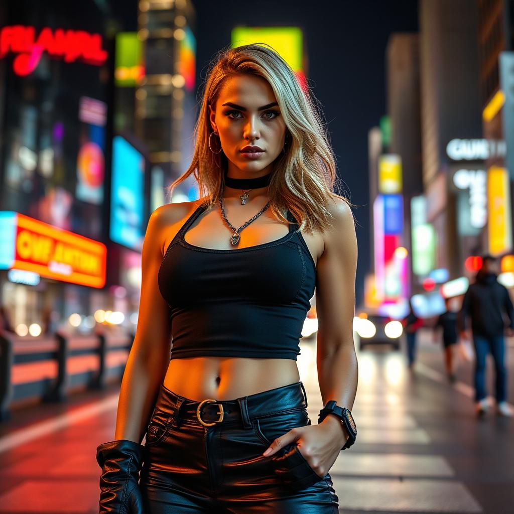 A confident and empowered woman standing boldly against a vibrant cityscape at night, chic streetwear fashion, neon lights casting colorful reflections, exuding strength and charisma, with an expression of fierce determination and self-assuredness