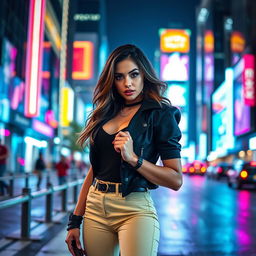 A confident and empowered woman standing boldly against a vibrant cityscape at night, chic streetwear fashion, neon lights casting colorful reflections, exuding strength and charisma, with an expression of fierce determination and self-assuredness