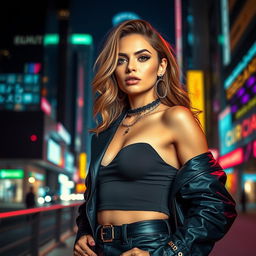 A confident and empowered woman standing boldly against a vibrant cityscape at night, chic streetwear fashion, neon lights casting colorful reflections, exuding strength and charisma, with an expression of fierce determination and self-assuredness