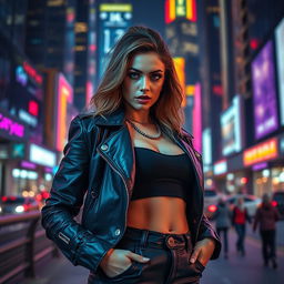 A confident and empowered woman standing boldly against a vibrant cityscape at night, chic streetwear fashion, neon lights casting colorful reflections, exuding strength and charisma, with an expression of fierce determination and self-assuredness